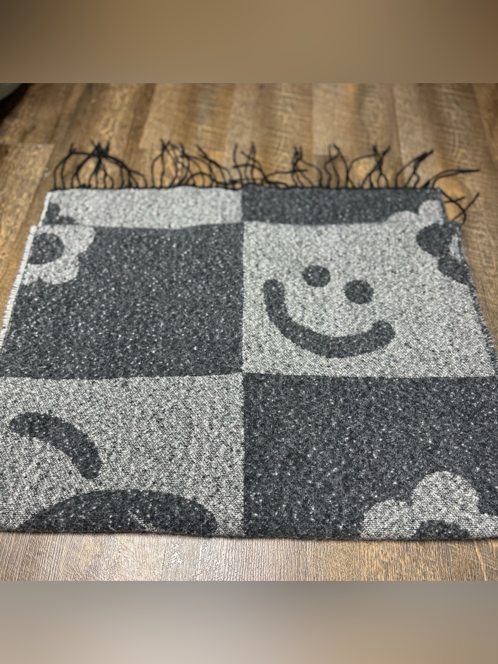 *Wild Fable Grey Checkerboard Scarf with patterns (flowers/smiles)